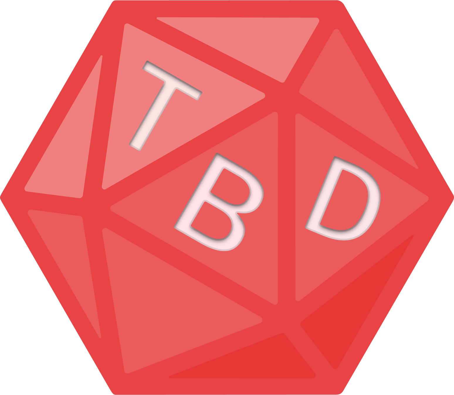 A 20-sided die with "TBD" on the visible faces of the die which is the logo for Dungeons and To Be Determined.