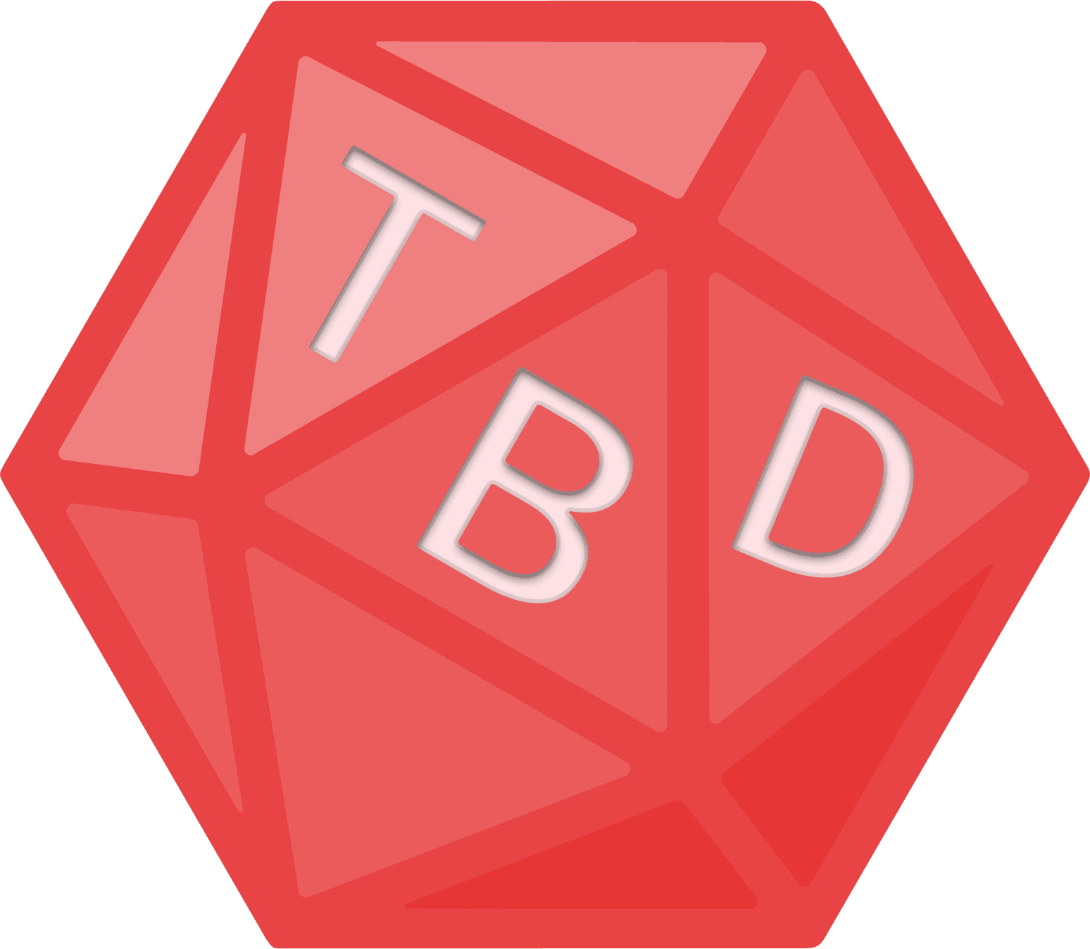 A 20-sided die with "TBD" on the visible faces of the die which is the logo for Dungeons and To Be Determined.